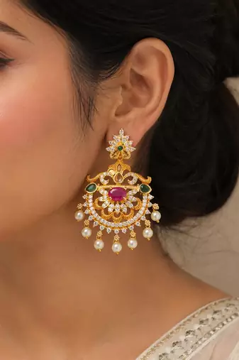 Gold plated chandbali earrings for women traditional south indian temple jewelry ruby green stone pearl drop earrings