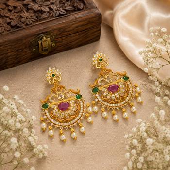 Gold plated chandbali earrings for women traditional south indian temple jewelry ruby green stone pearl drop earrings 3