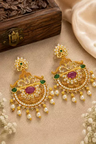 Gold plated chandbali earrings for women traditional south indian temple jewelry ruby green stone pearl drop earrings