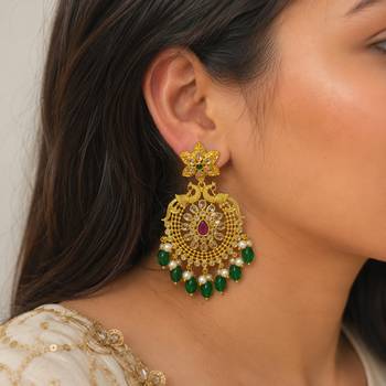 Traditional gold plated green beads & pearl drop ethnic chandbali earrings for women wedding & festive wear 1