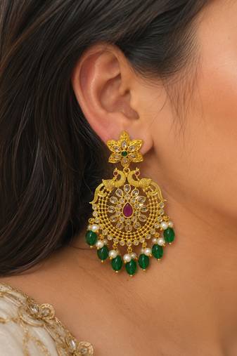 Traditional gold plated green beads & pearl drop ethnic chandbali earrings for women wedding & festive wear