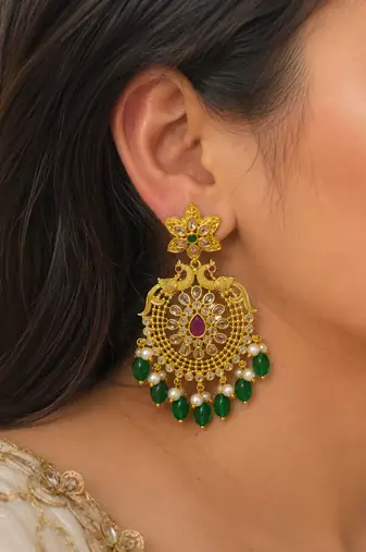 Traditional gold plated green beads & pearl drop ethnic chandbali earrings for women wedding & festive wear