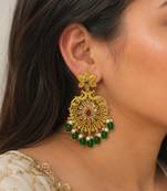 Traditional gold plated green beads & pearl drop ethnic chandbali earrings for women wedding & festive wear