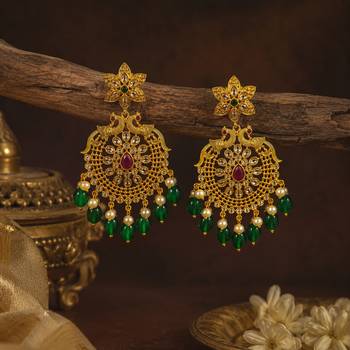 Traditional gold plated green beads & pearl drop ethnic chandbali earrings for women wedding & festive wear 2