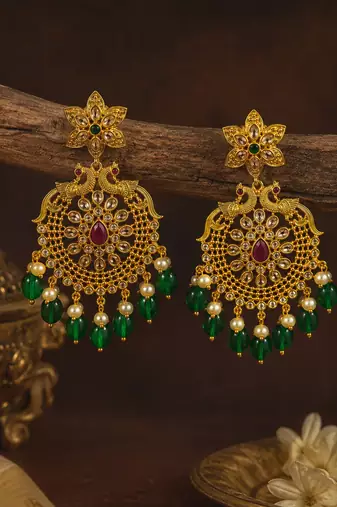 Traditional gold plated green beads & pearl drop ethnic chandbali earrings for women wedding & festive wear