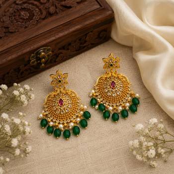 Traditional gold plated green beads & pearl drop ethnic chandbali earrings for women wedding & festive wear 3