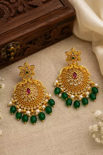 Traditional gold plated green beads & pearl drop ethnic chandbali earrings for women wedding & festive wear