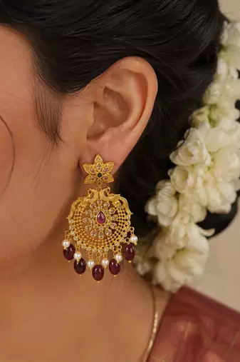 Traditional Gold-Plated Red Maroon Beads & Pearl Drop Ethnic Chandbali Earrings for Women, Wedding & Festive Wear