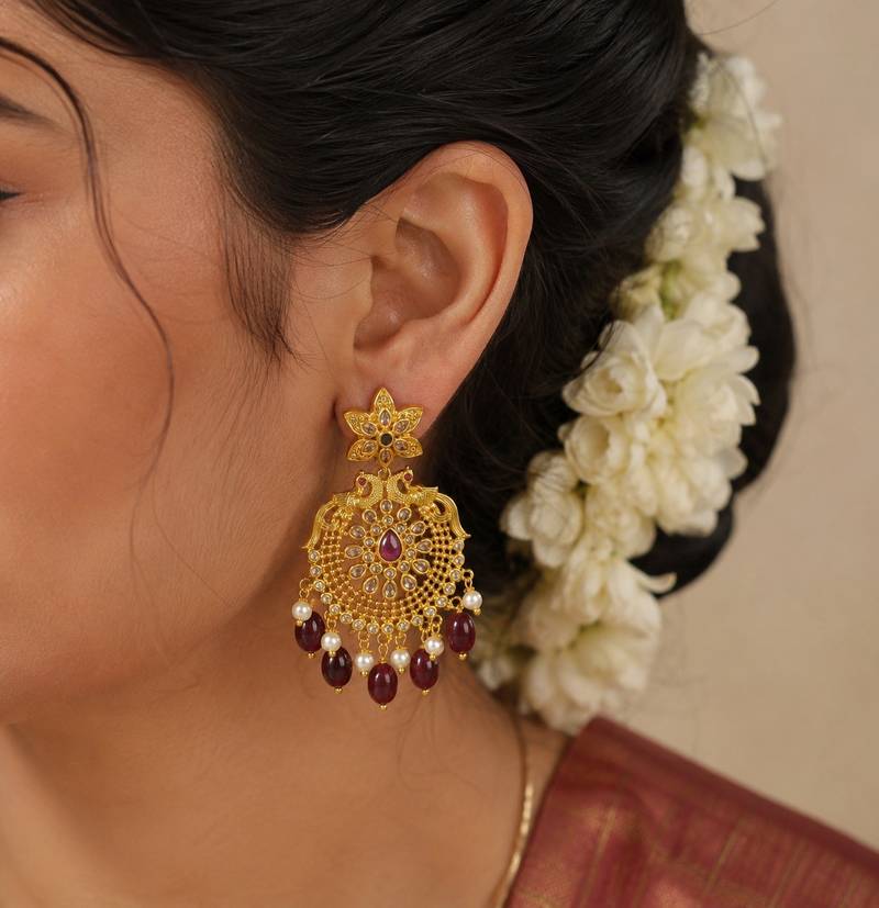 Traditional Gold-Plated Red Maroon Beads & Pearl Drop Ethnic Chandbali Earrings for Women, Wedding & Festive Wear