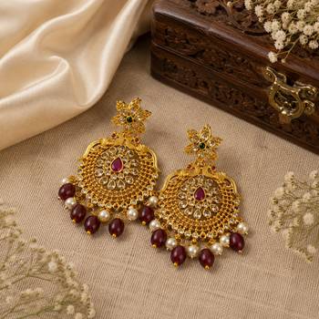 Traditional Gold-Plated Red Maroon Beads & Pearl Drop Ethnic Chandbali Earrings for Women, Wedding & Festive Wear 2