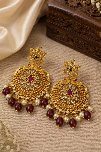 Traditional Gold-Plated Red Maroon Beads & Pearl Drop Ethnic Chandbali Earrings for Women, Wedding & Festive Wear