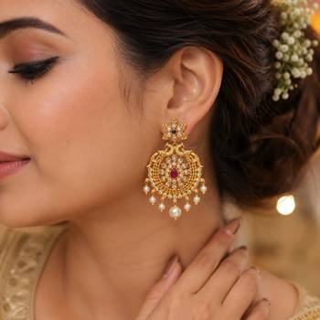 Traditional gold plated chandbali earrings for women kundan cz pearl drop ethnic peacock design earrings 1