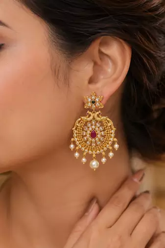 Traditional gold plated chandbali earrings for women kundan cz pearl drop ethnic peacock design earrings