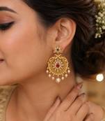 Traditional gold plated chandbali earrings for women kundan cz pearl drop ethnic peacock design earrings