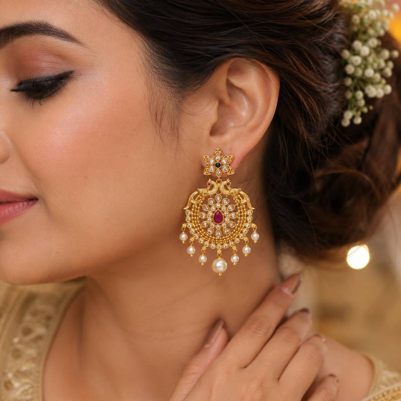 Traditional gold plated chandbali earrings for women kundan cz pearl drop ethnic peacock design earrings