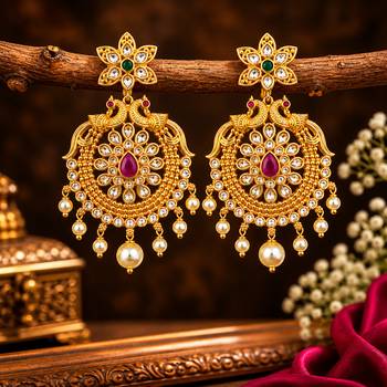 Traditional gold plated chandbali earrings for women kundan cz pearl drop ethnic peacock design earrings 2