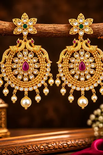 Traditional gold plated chandbali earrings for women kundan cz pearl drop ethnic peacock design earrings
