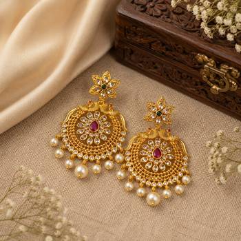 Traditional gold plated chandbali earrings for women kundan cz pearl drop ethnic peacock design earrings 3