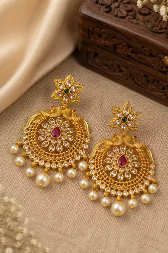 Traditional gold plated chandbali earrings for women kundan cz pearl drop ethnic peacock design earrings
