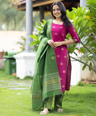 Rani jaquard  kanchi cotton with jari work kurti dupatta pant  set 1