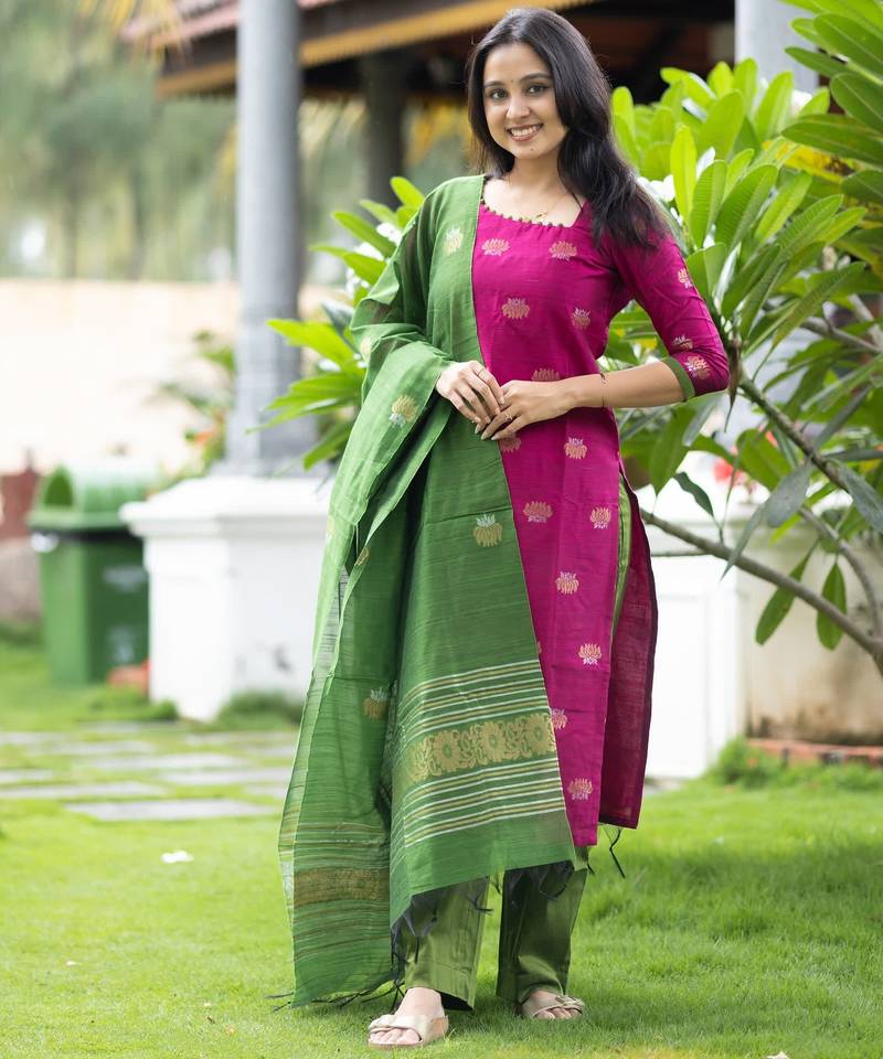 Rani jaquard  kanchi cotton with jari work kurti dupatta pant  set