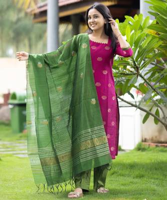 Rani jaquard  kanchi cotton with jari work kurti dupatta pant  set 2