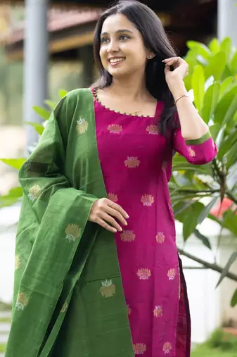 Rani jaquard  kanchi cotton with jari work kurti dupatta pant  set