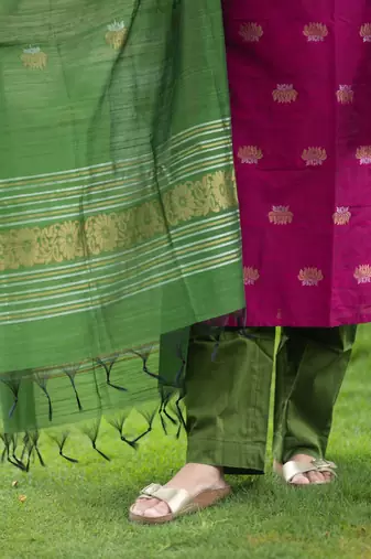 Rani jaquard  kanchi cotton with jari work kurti dupatta pant  set