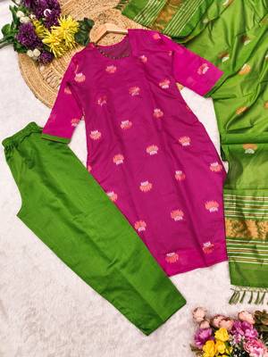 Rani jaquard  kanchi cotton with jari work kurti dupatta pant  set 5
