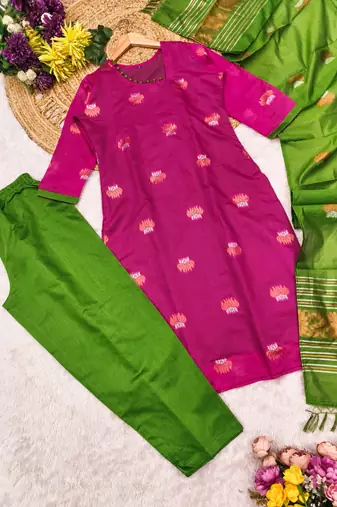Rani jaquard  kanchi cotton with jari work kurti dupatta pant  set