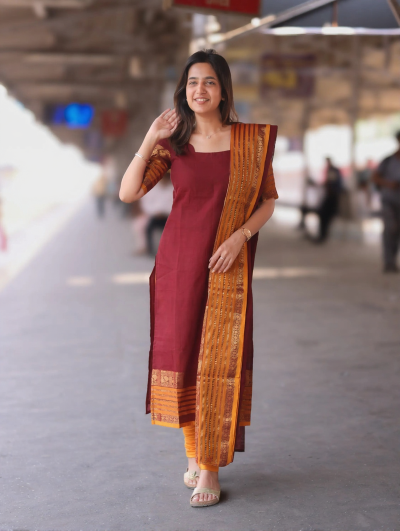 Maroon jaquard  kanchi cotton kurti dupatta and pant  set