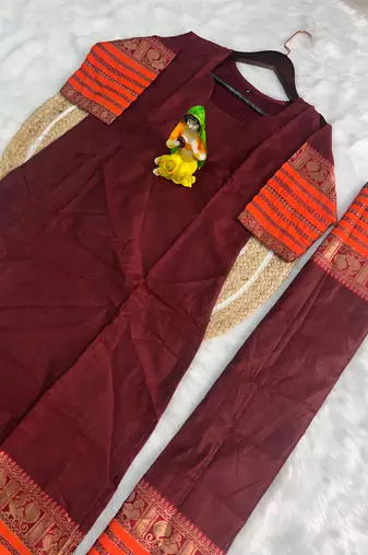 Maroon jaquard  kanchi cotton kurti dupatta and pant  set