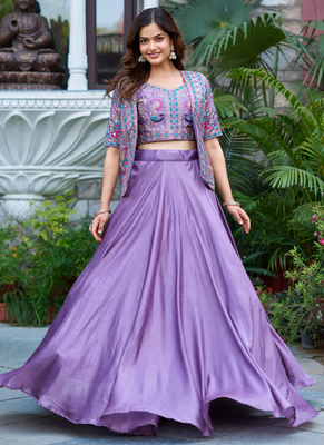Purple Silk Zari Sequence Thread Embroidery Work lehenga Choli 1