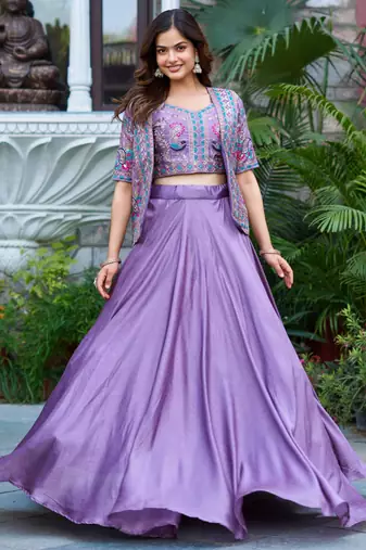 Purple Silk Zari Sequence Thread Embroidery Work lehenga Choli