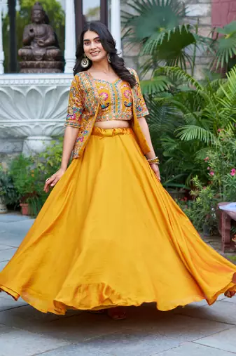 Yellow Silk Zari Sequin Thread Embroidery Work lehenga Choli