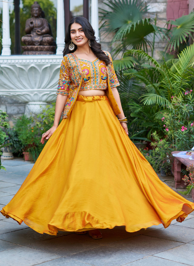 Yellow Silk Zari Sequin Thread Embroidery Work lehenga Choli