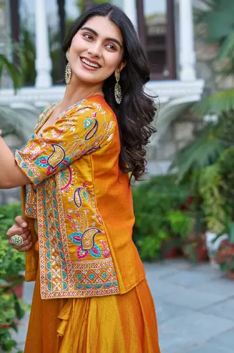 Yellow Silk Zari Sequin Thread Embroidery Work lehenga Choli