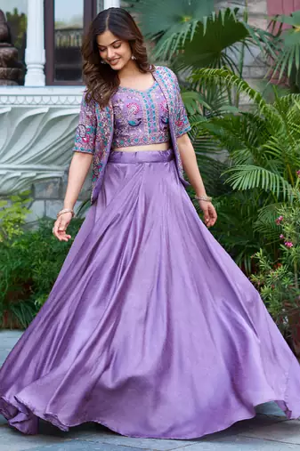 Purple Silk Zari Sequence Thread Embroidery Work lehenga Choli