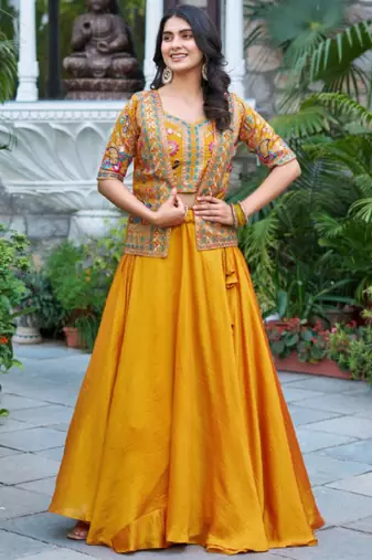 Yellow Silk Zari Sequin Thread Embroidery Work lehenga Choli