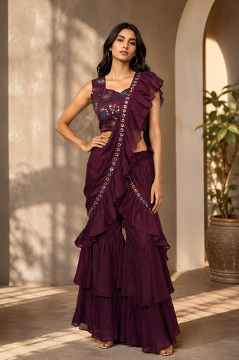Elegant Star Georgette Ready-to-Wear Plazoo Saree with Sequence Embroidered Stitched Blouse.