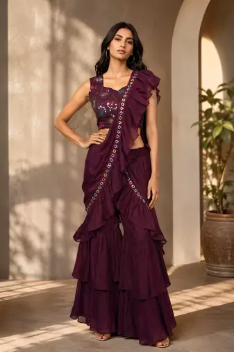 Elegant Star Georgette Ready-to-Wear Plazoo Saree with Sequence Embroidered Stitched Blouse.