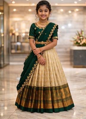 new latest green half saree south indian langa voni pattu pavadai lehenga choli for girls 1