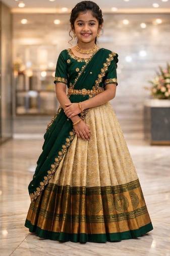 new latest green half saree south indian langa voni pattu pavadai lehenga choli for girls