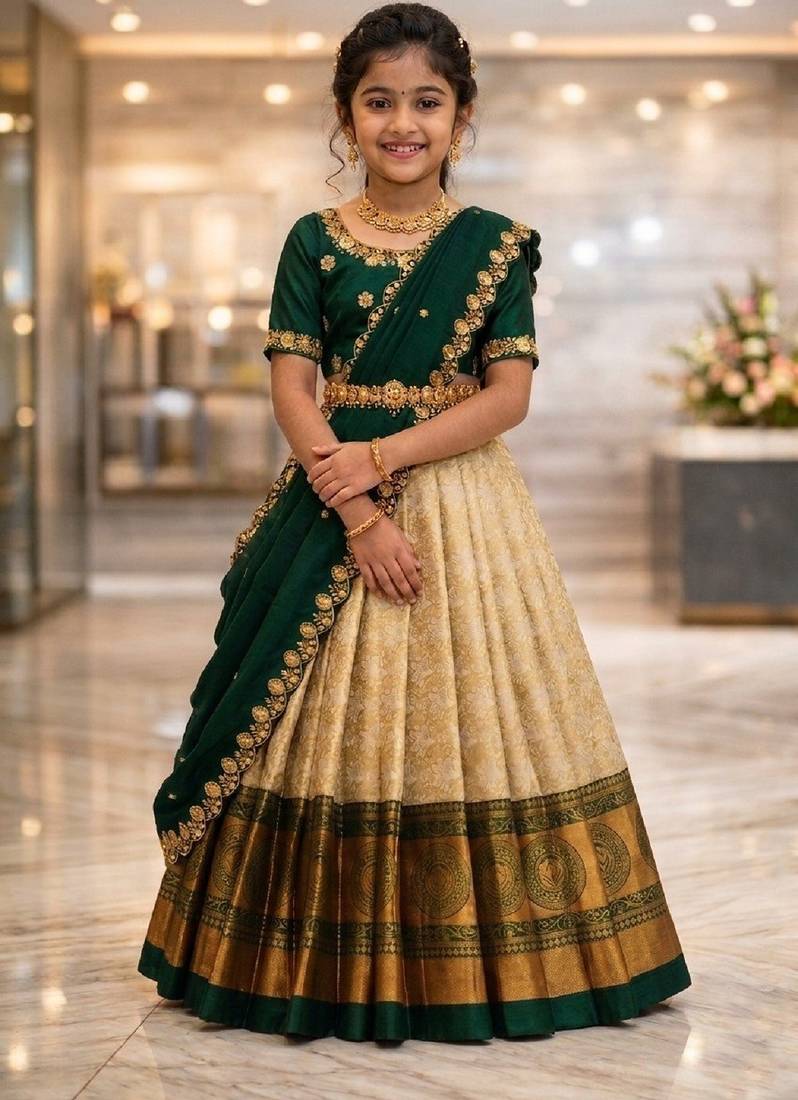 new latest green half saree south indian langa voni pattu pavadai lehenga choli for girls