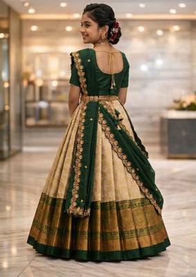 new latest green half saree south indian langa voni pattu pavadai lehenga choli for girls 2