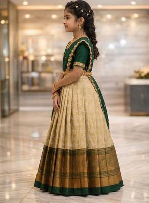 new latest green half saree south indian langa voni pattu pavadai lehenga choli for girls 3