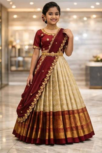 new latest maroon half saree south indian langa voni pattu pavadai lehenga choli for girls