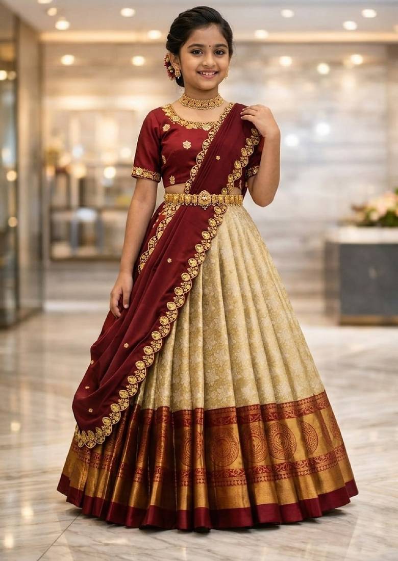 new latest maroon half saree south indian langa voni pattu pavadai lehenga choli for girls