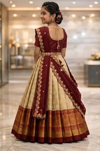 new latest maroon half saree south indian langa voni pattu pavadai lehenga choli for girls