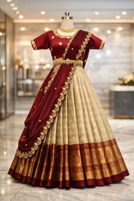 new latest maroon half saree south indian langa voni pattu pavadai lehenga choli for girls 3